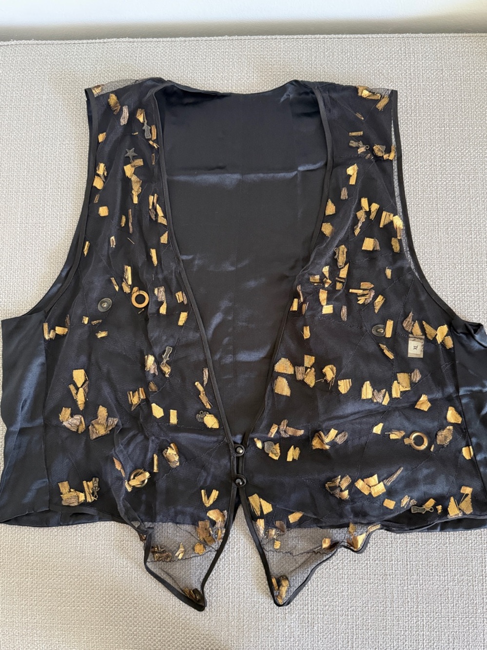 Vintage Black Sheer Embellished Vest with Gold Accents